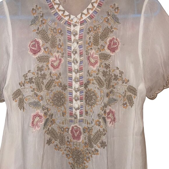 Johnny Was Womens Top Size S White Talum Allover Embroidered Tunic Boho Chic - Picture 3 of 12